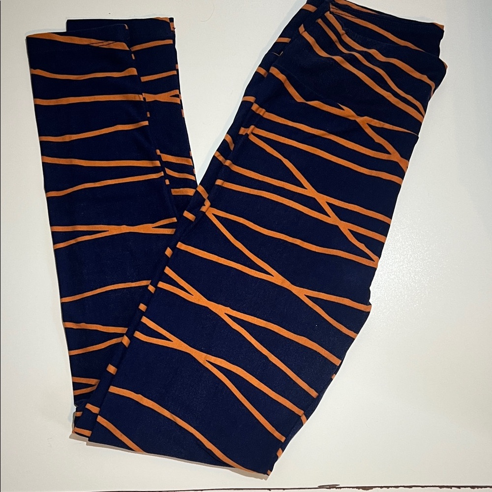 LuLaRoe Women’s One Size Leggings – Navy Blue with Orange Stripes